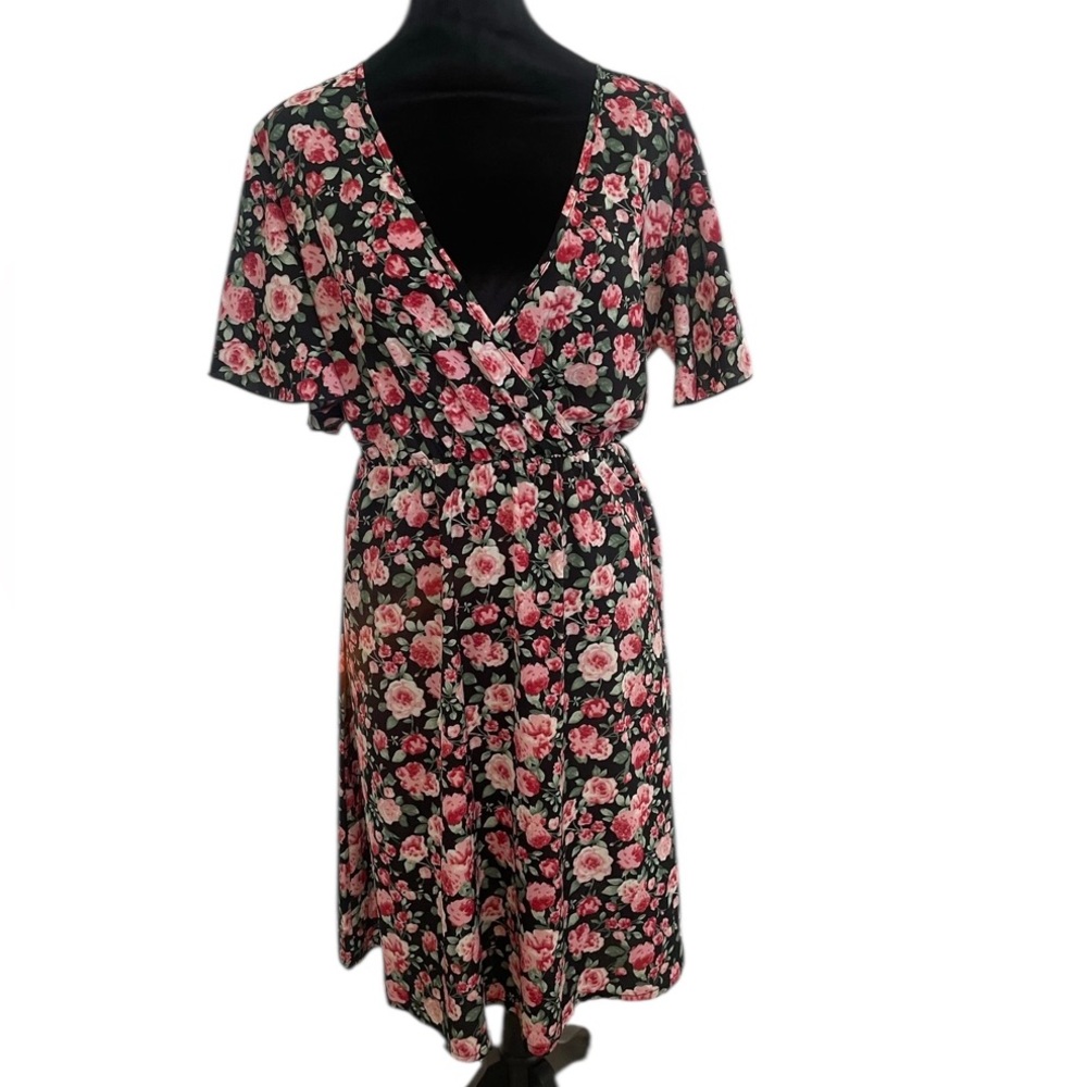 Floral A line, red roses pink,black V-neck dress,XL,New